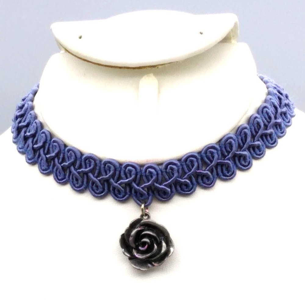 Macrame Blue Ribbon Choker with Silver Tone Rose Pendant, Gimp Trim Victorian